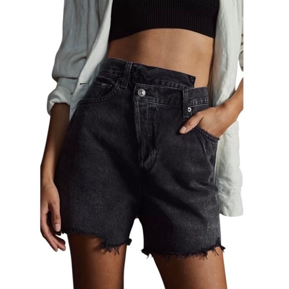 AGOLDE Criss Cross Shorts 24 Black Denim High Rise Distressed Raw Hem Y2K